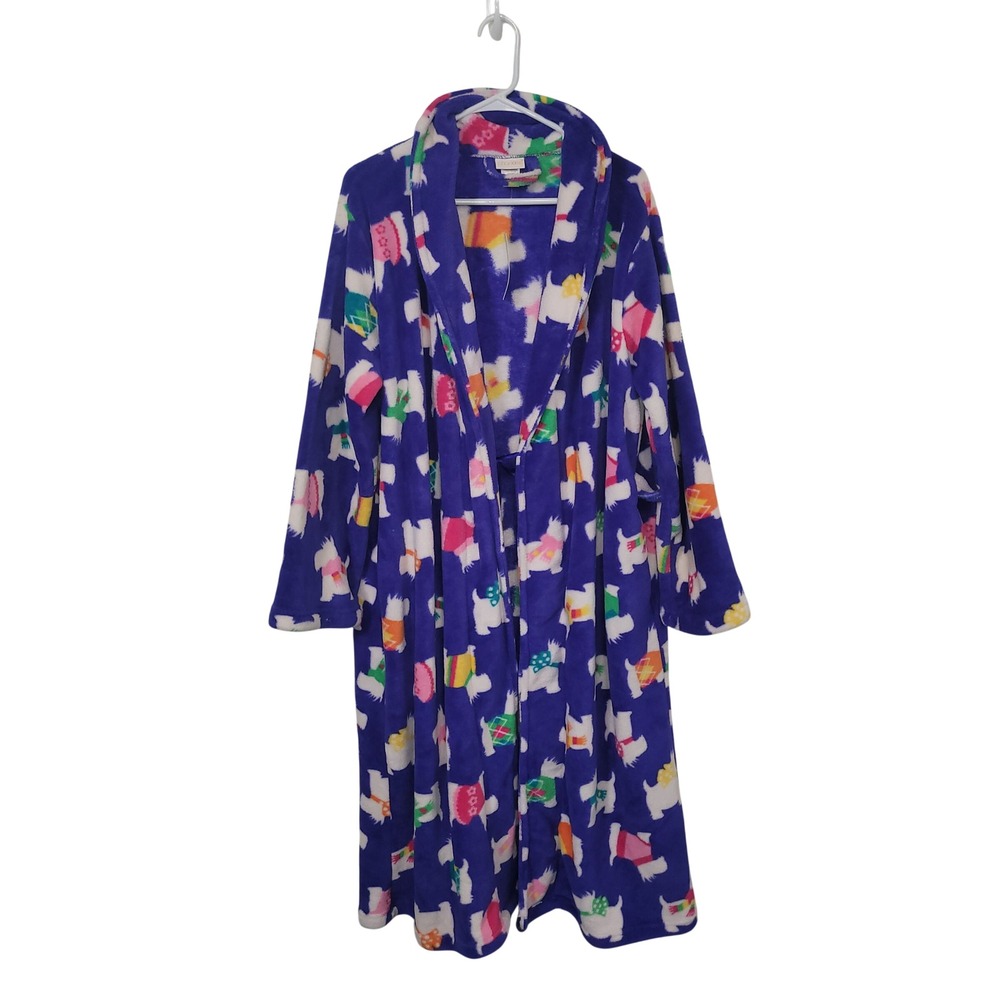 Charlotte Size L Fleece Robe Womens Purple Scottie Dog Print Plush Wrap Belted
